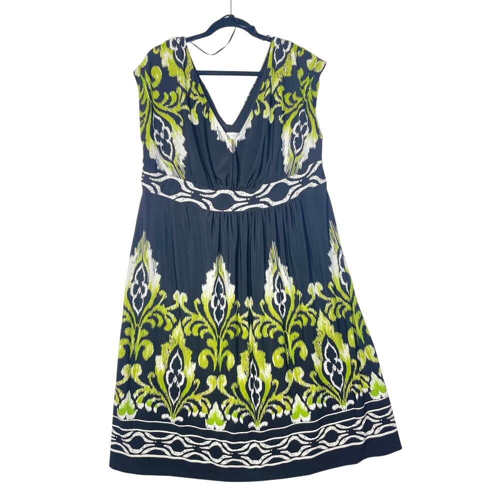 Dressbarn Dress Woman Size‎ 14 Black Green White Print  V Neck Sleeveless A-Line
